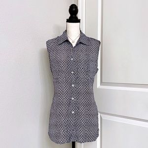 Blue and White Sleeveless Button Down Top